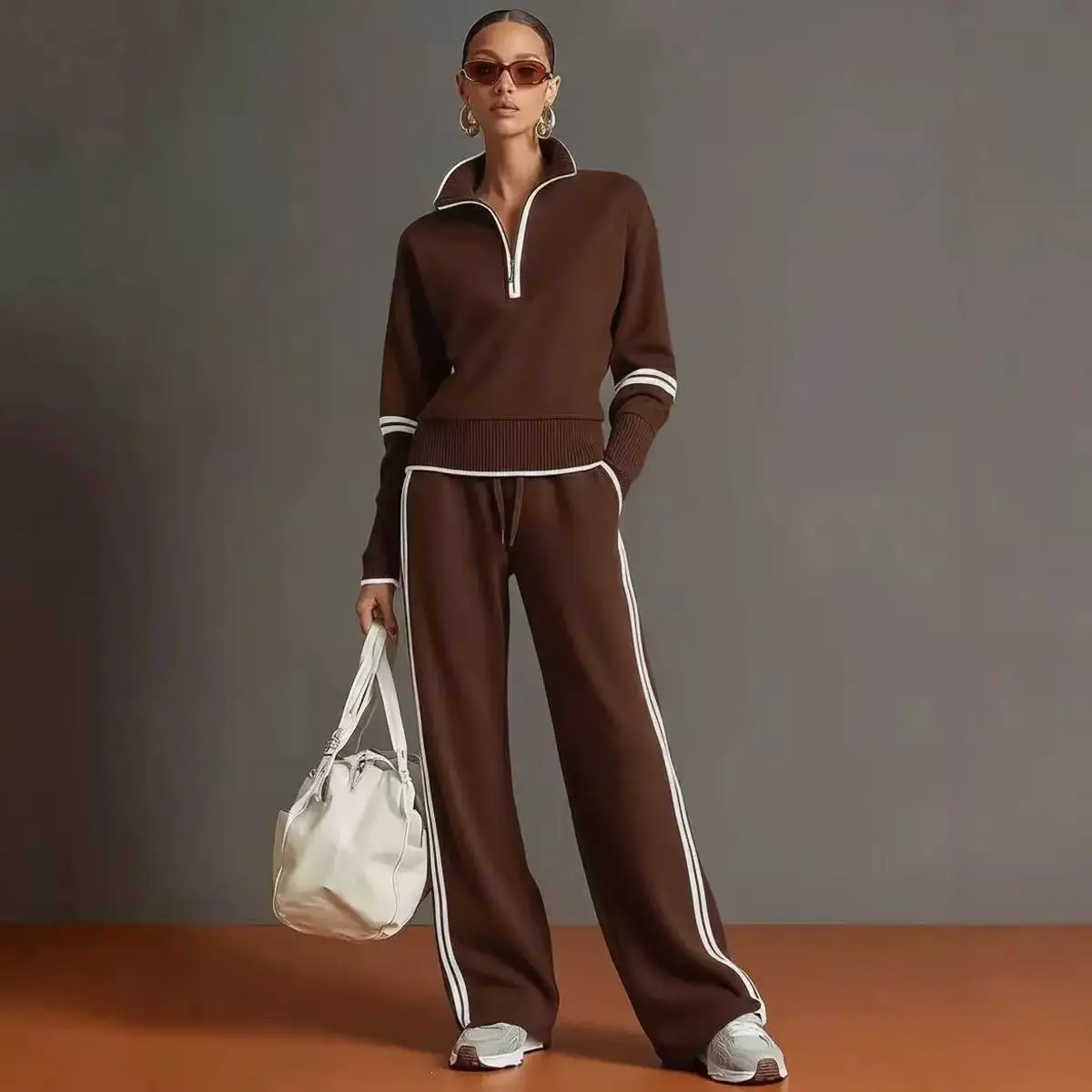 Casual Striped Hoodie Sports Outfits Women New Color Blocking Wide Leg Pants Two Piece Sets Autumn Winter Loose Pants Suit