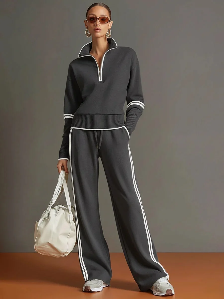 Casual Striped Hoodie Sports Outfits Women New Color Blocking Wide Leg Pants Two Piece Sets Autumn Winter Loose Pants Suit