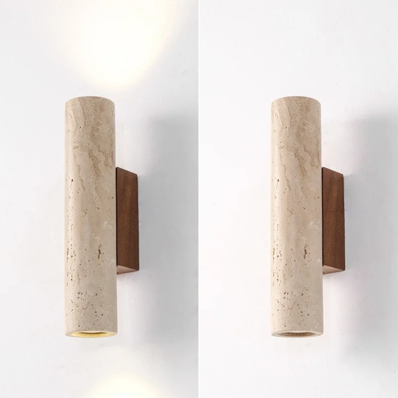 Yellow Travertine Wall Lamp Vintage Design Wood Stone Sconce Light LED Lighting Fixture Bedroom Living Room Bedside Home Decor