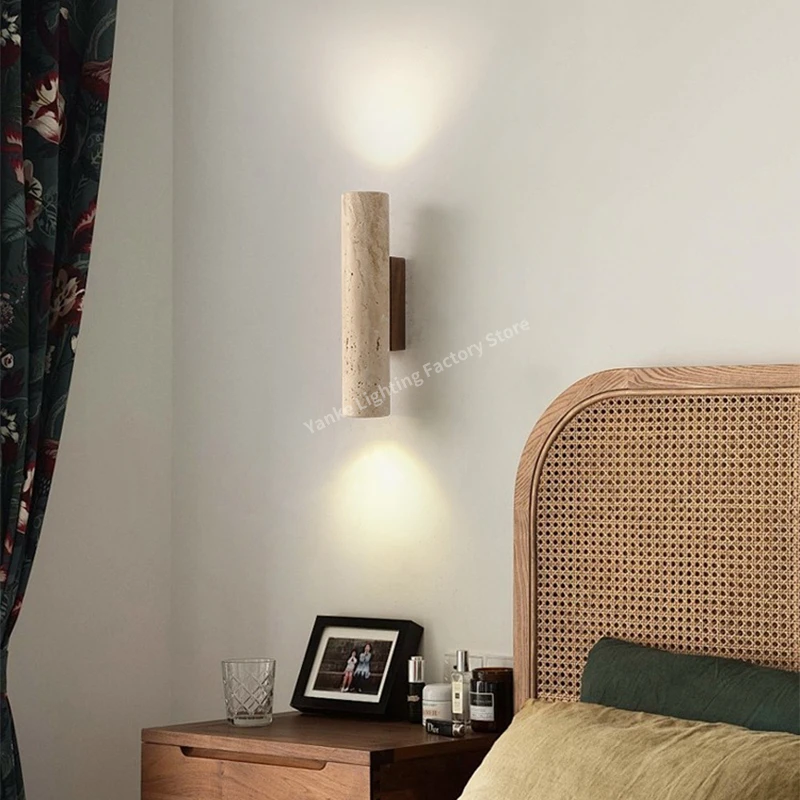 Yellow Travertine Wall Lamp Vintage Design Wood Stone Sconce Light LED Lighting Fixture Bedroom Living Room Bedside Home Decor