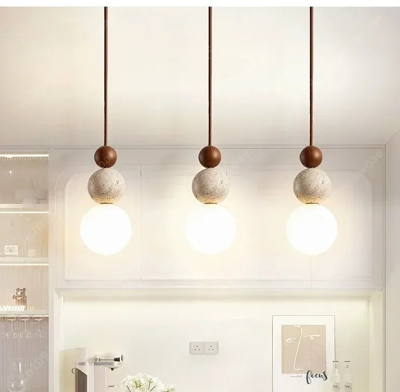 Luma Cream Style Yellow Travertine Pendant Lights, Nature Stone Wood Hanging Lamps for Bedroom Bedside Restaurant Kitchen Island