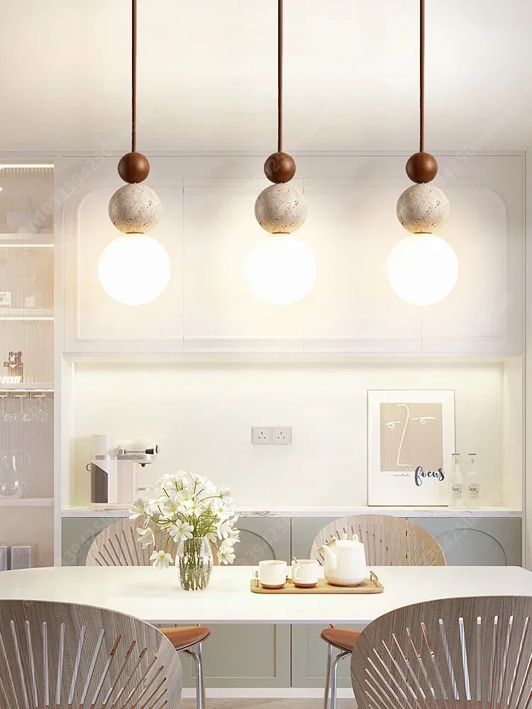 Luma Cream Style Yellow Travertine Pendant Lights, Nature Stone Wood Hanging Lamps for Bedroom Bedside Restaurant Kitchen Island