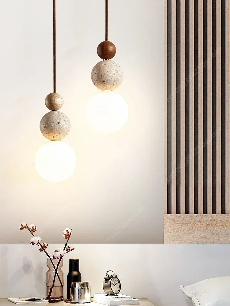 Luma Cream Style Yellow Travertine Pendant Lights, Nature Stone Wood Hanging Lamps for Bedroom Bedside Restaurant Kitchen Island