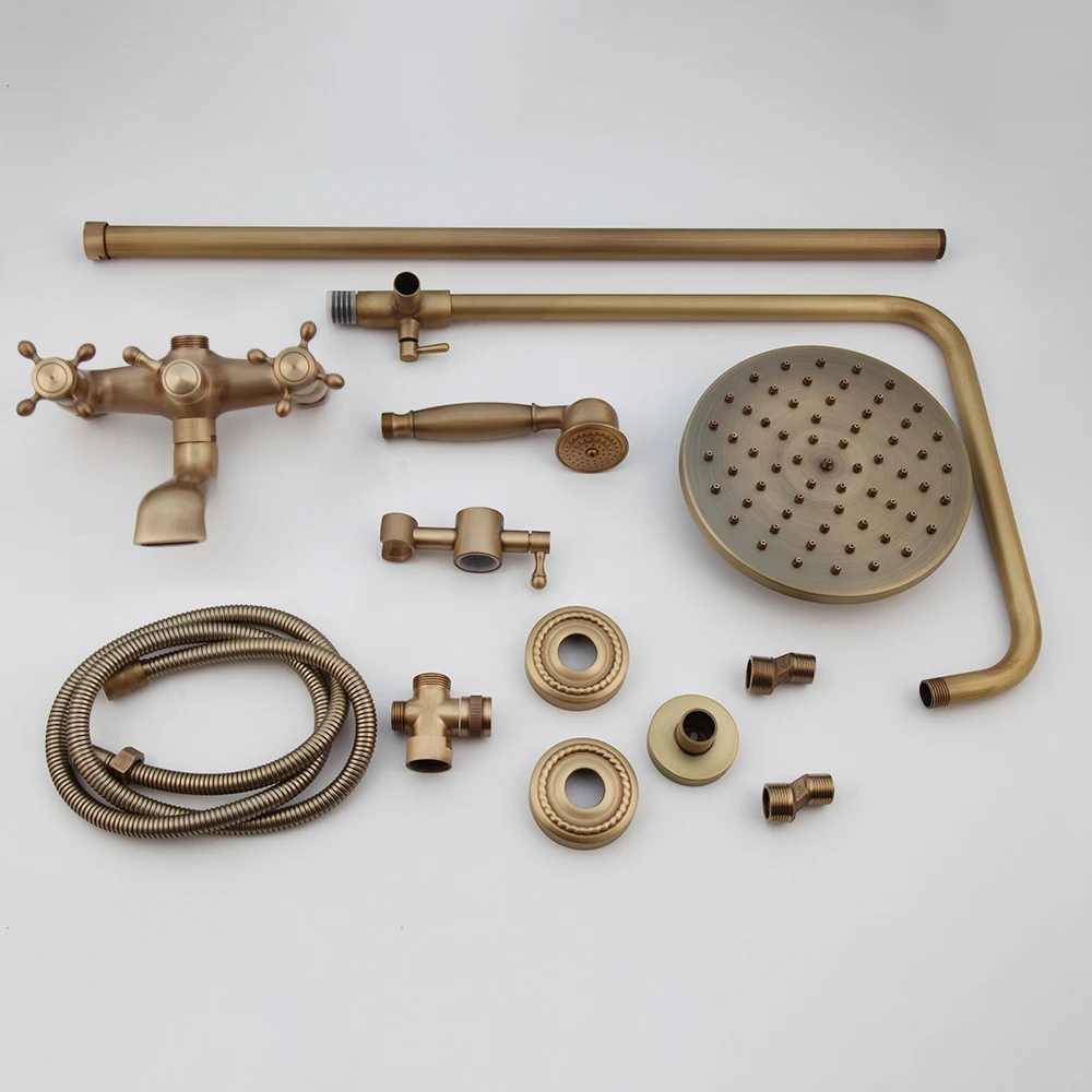 KEMAIDI Antique Brass Shower Fixture 8 Inch Rainfall Shower Head with Handheld Spray Dual Knobs Mixer Bathroom Triple Function