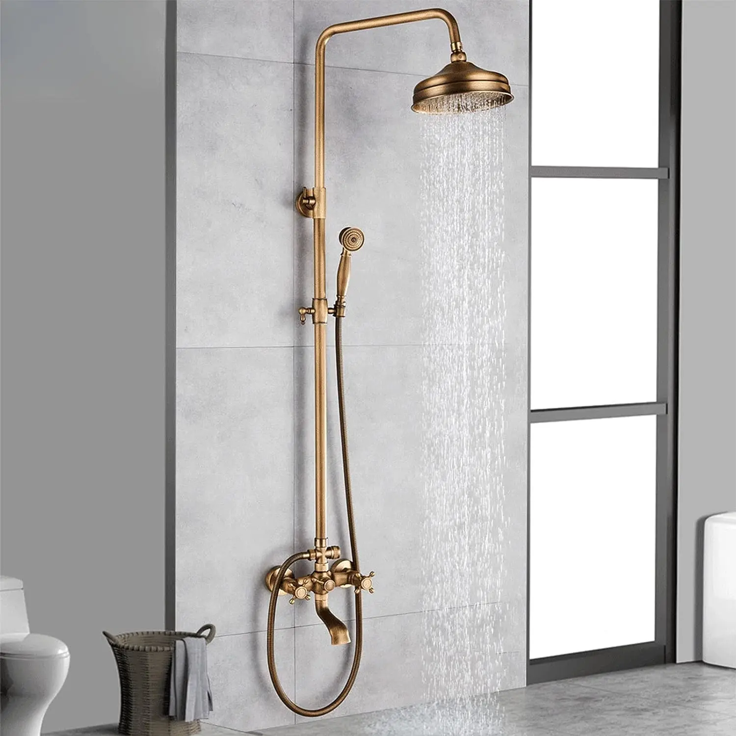 KEMAIDI Antique Brass Shower Fixture 8 Inch Rainfall Shower Head with Handheld Spray Dual Knobs Mixer Bathroom Triple Function
