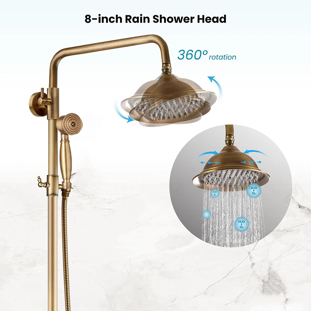 KEMAIDI Antique Brass Shower Fixture 8 Inch Rainfall Shower Head with Handheld Spray Dual Knobs Mixer Bathroom Triple Function