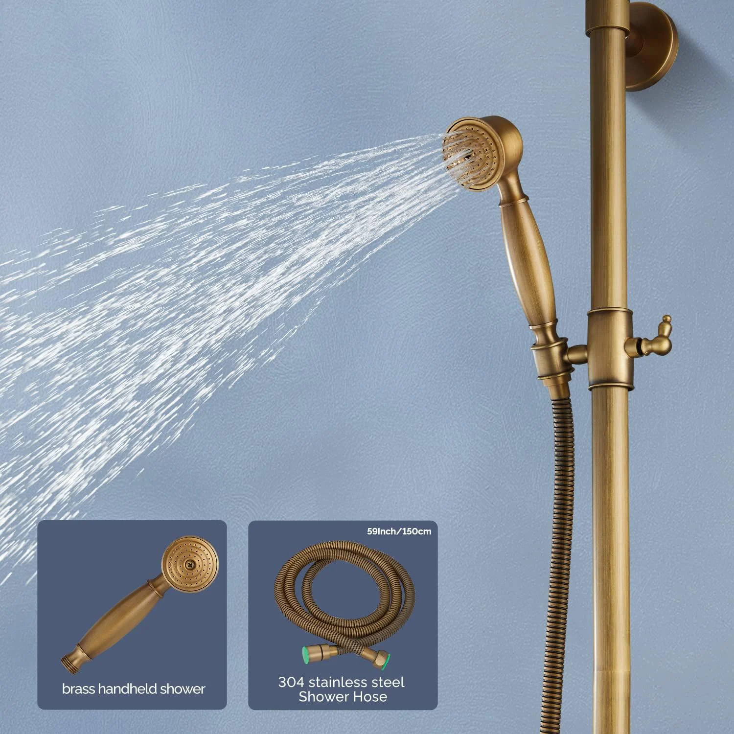 KEMAIDI Antique Brass Shower Fixture 8 Inch Rainfall Shower Head with Handheld Spray Dual Knobs Mixer Bathroom Triple Function