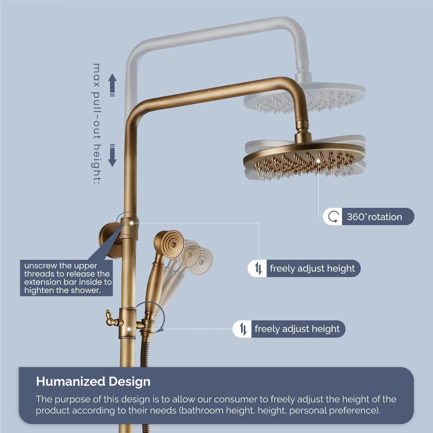 KEMAIDI Antique Brass Shower Fixture 8 Inch Rainfall Shower Head with Handheld Spray Dual Knobs Mixer Bathroom Triple Function