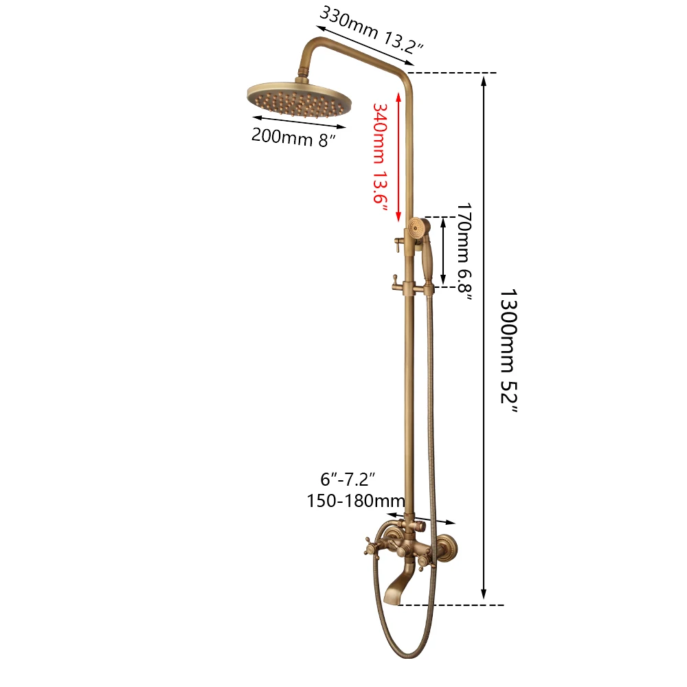 KEMAIDI Antique Brass Shower Fixture 8 Inch Rainfall Shower Head with Handheld Spray Dual Knobs Mixer Bathroom Triple Function