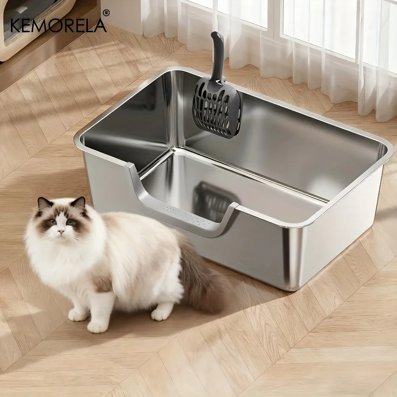 Extra Large Stainless Steel Litter Box, Non-Stick Odor-Free Metal Pan (Easy Clean, Hygienic Tray for Multiple Cats, Small Pets)