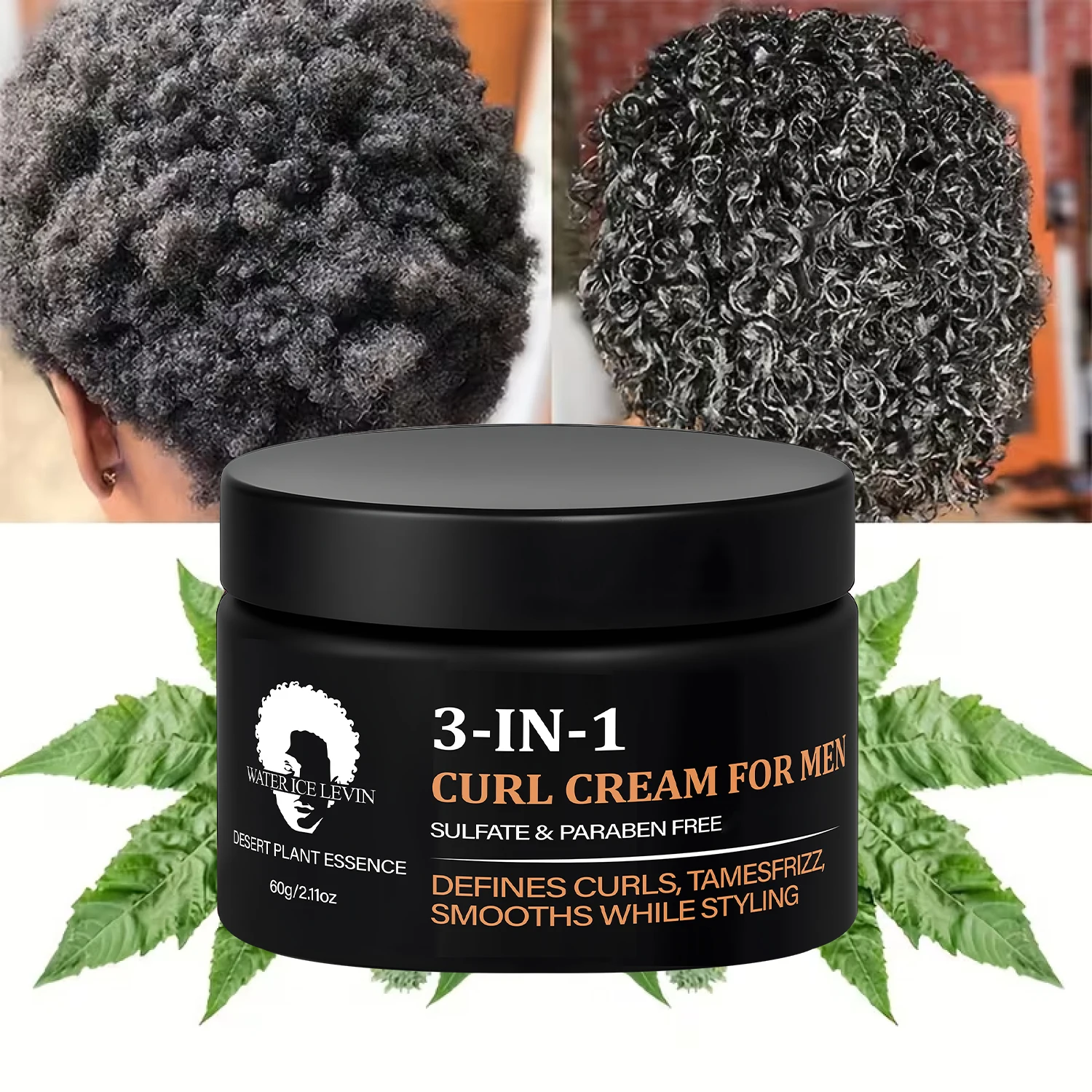 Men's 3-in-1 Curl Cream with Collagen & Coconut Oil - Defines Curls, Tames Frizz, Smooths Styling, Sulfate & Paraben Free 60g