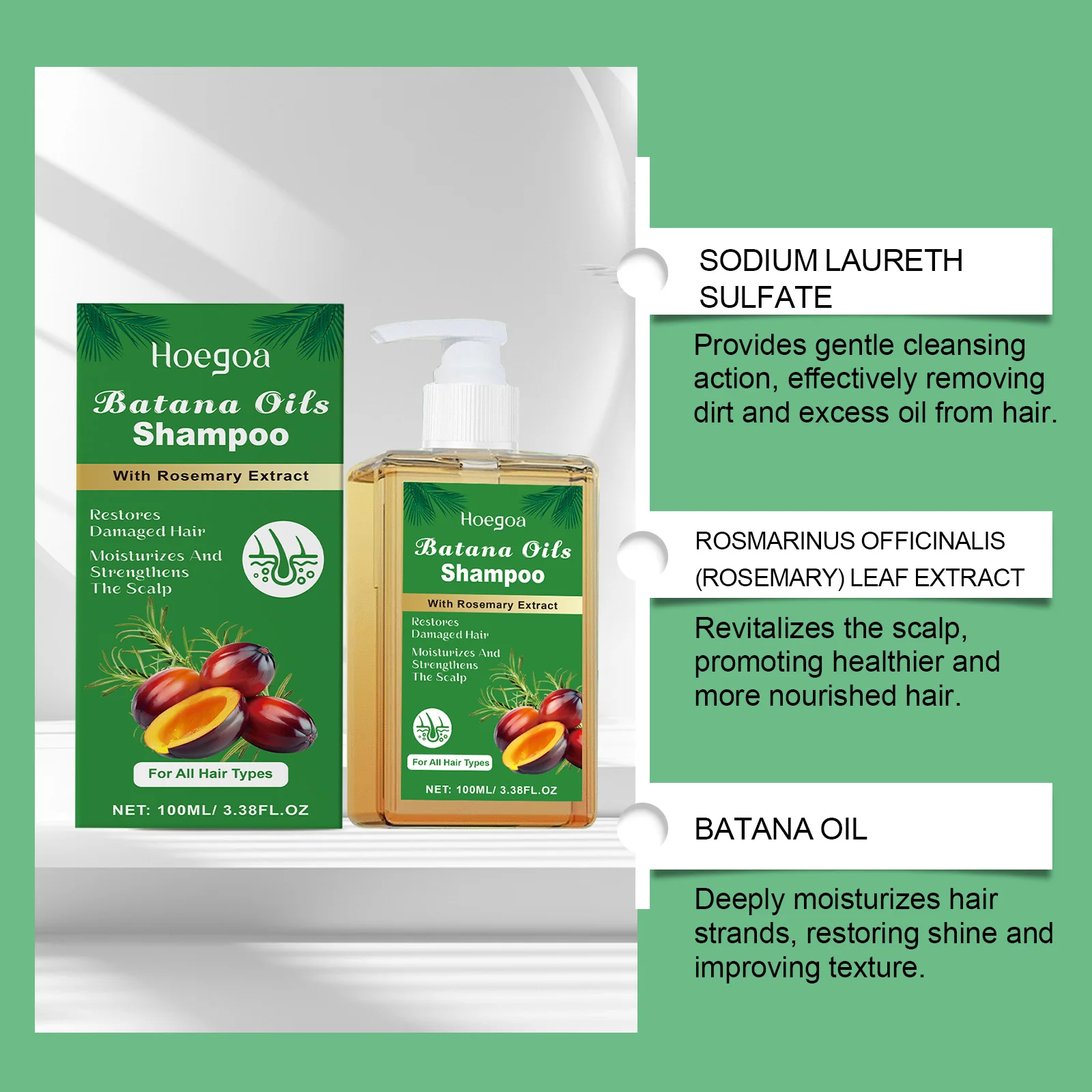 100/300ml Batana Oil & Rosemary Hair Care Shampoo Deep Nourishing Scalp Remove Dandruff Strengthens Hair for Shiny Shampoo Hair