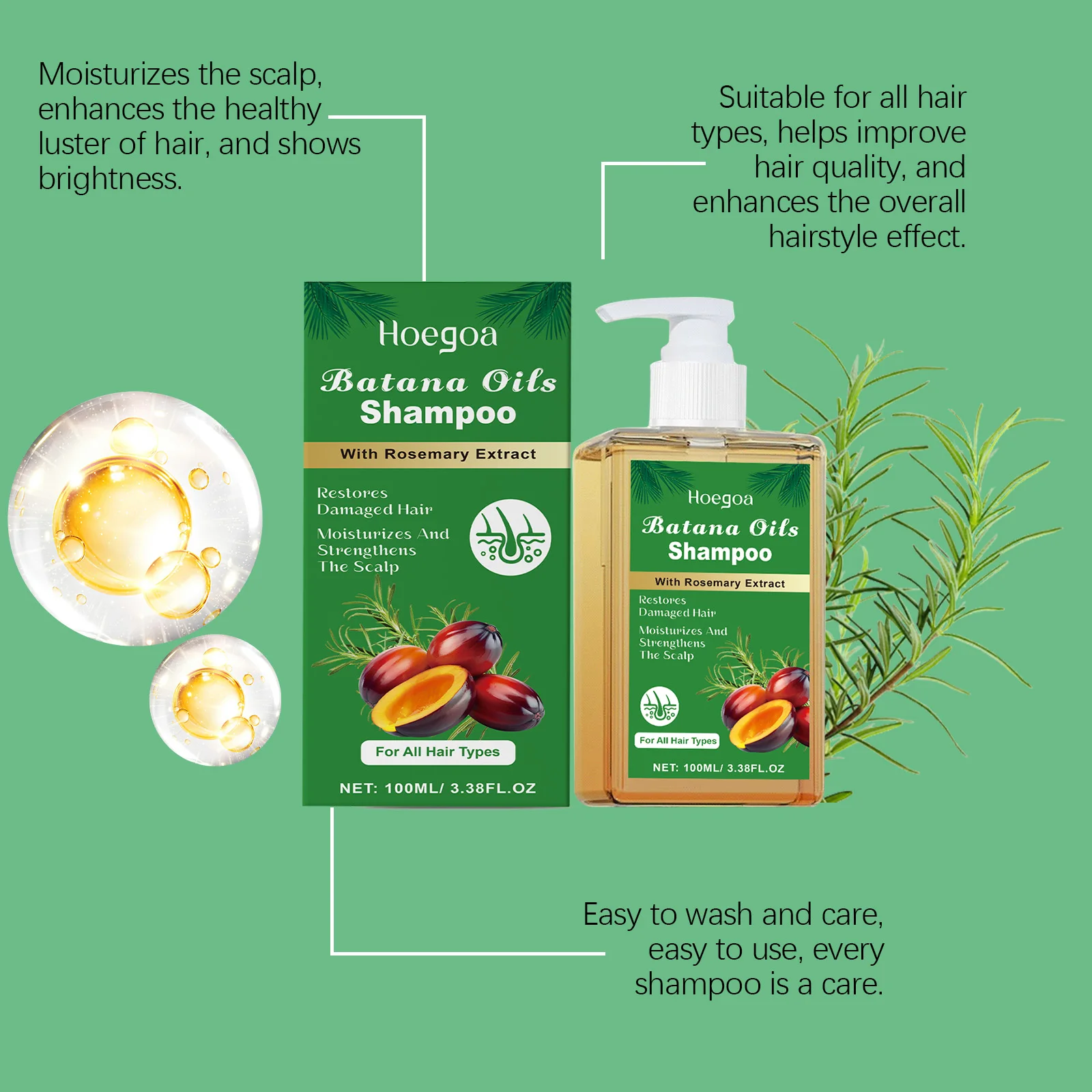 100/300ml Batana Oil & Rosemary Hair Care Shampoo Deep Nourishing Scalp Remove Dandruff Strengthens Hair for Shiny Shampoo Hair
