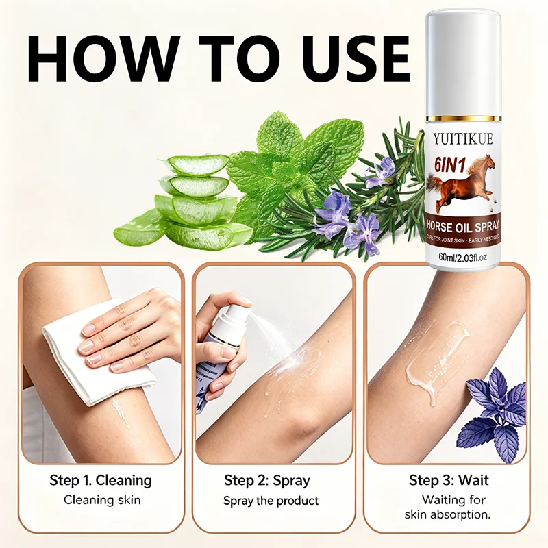 YUITIKUE 60ml 6 In 1 Horse Oil Joint Care Spray Easily Absorbed Soothing Mist For Knee Shoulder Neck Back Body Skin Care