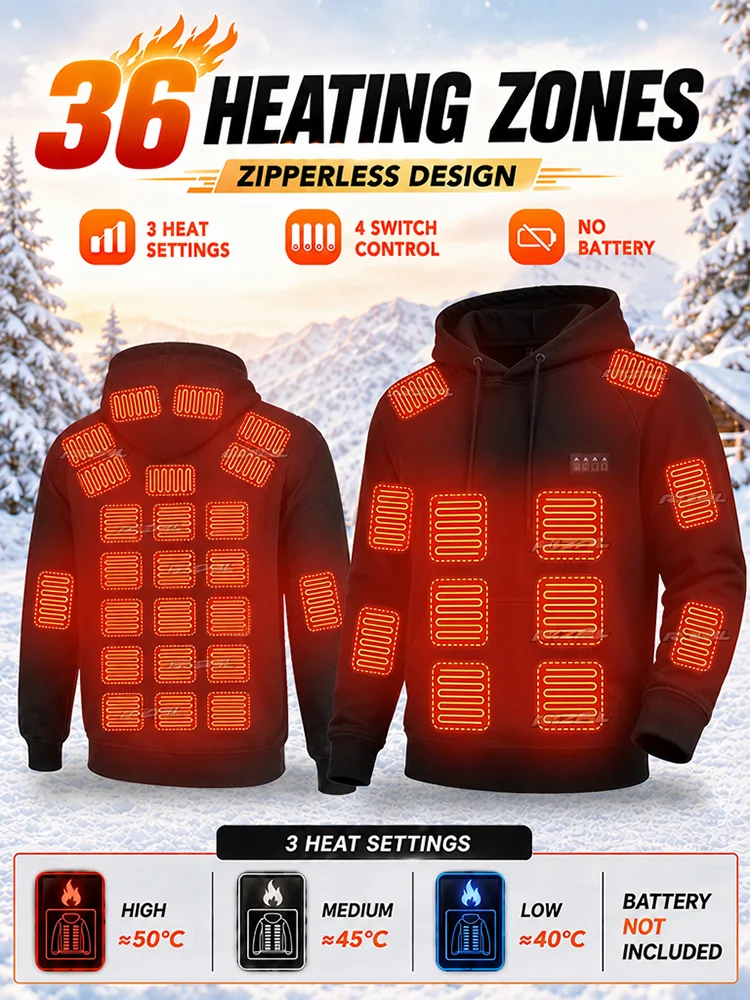 Heated Jacket Men Hoodie with 36 Heating Zones and 3 Customizable Temperature Levels, Ideal for Winter Fishing, Up to 50 Celsius