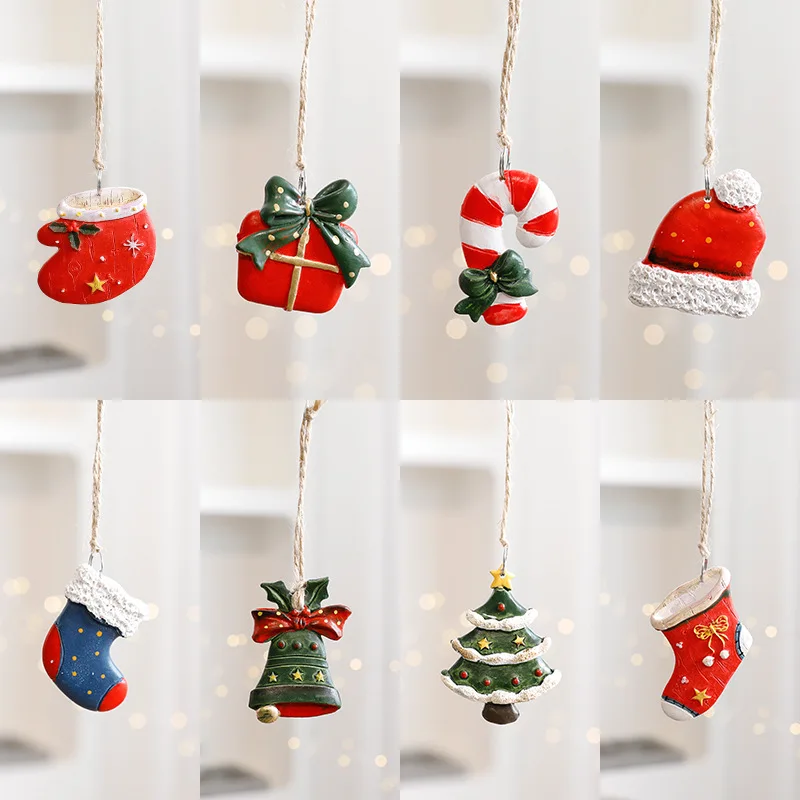 2026 Xmas Tree Pendant Cartoon Painted Santa Claus Elk Bear Christmas Stocking Resin Pendant Christmas Party Decorations 1pc