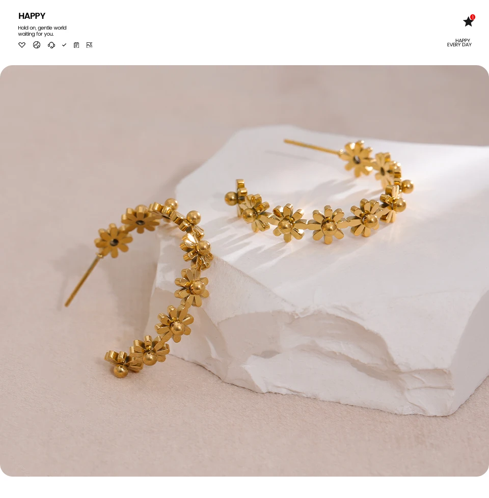 Yhpup Stainless Steel Round Flower Hoop Earrings Fashion Golden Metal Trendy Brand Texture Jewelry Party Gift Waterproof Women