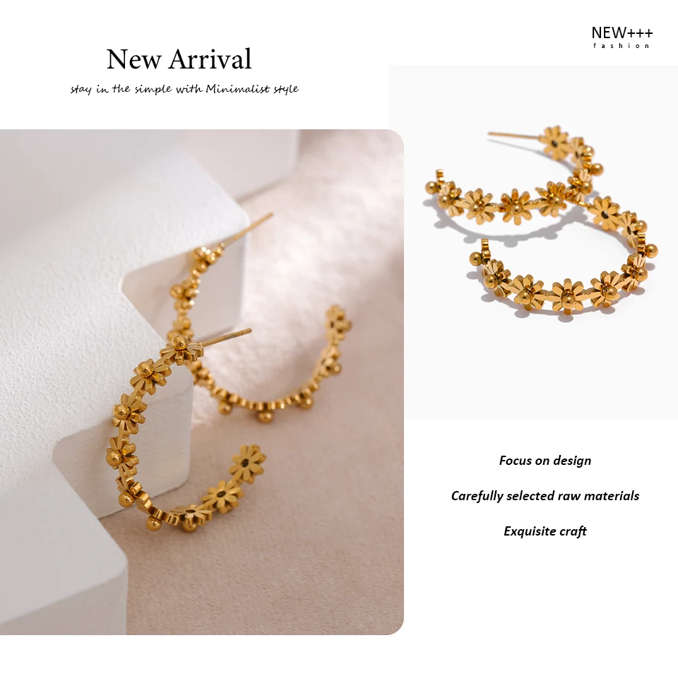Yhpup Stainless Steel Round Flower Hoop Earrings Fashion Golden Metal Trendy Brand Texture Jewelry Party Gift Waterproof Women