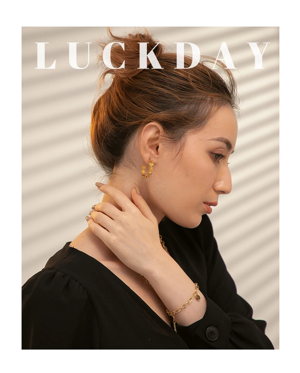 Yhpup Stainless Steel Round Flower Hoop Earrings Fashion Golden Metal Trendy Brand Texture Jewelry Party Gift Waterproof Women
