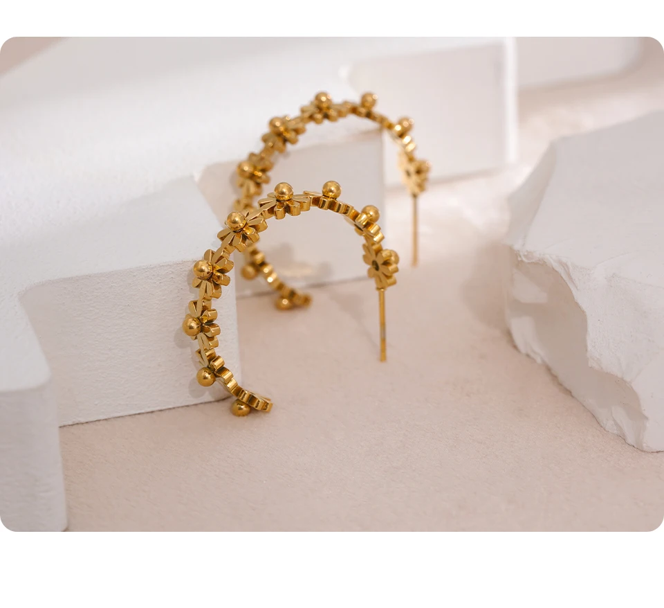 Yhpup Stainless Steel Round Flower Hoop Earrings Fashion Golden Metal Trendy Brand Texture Jewelry Party Gift Waterproof Women