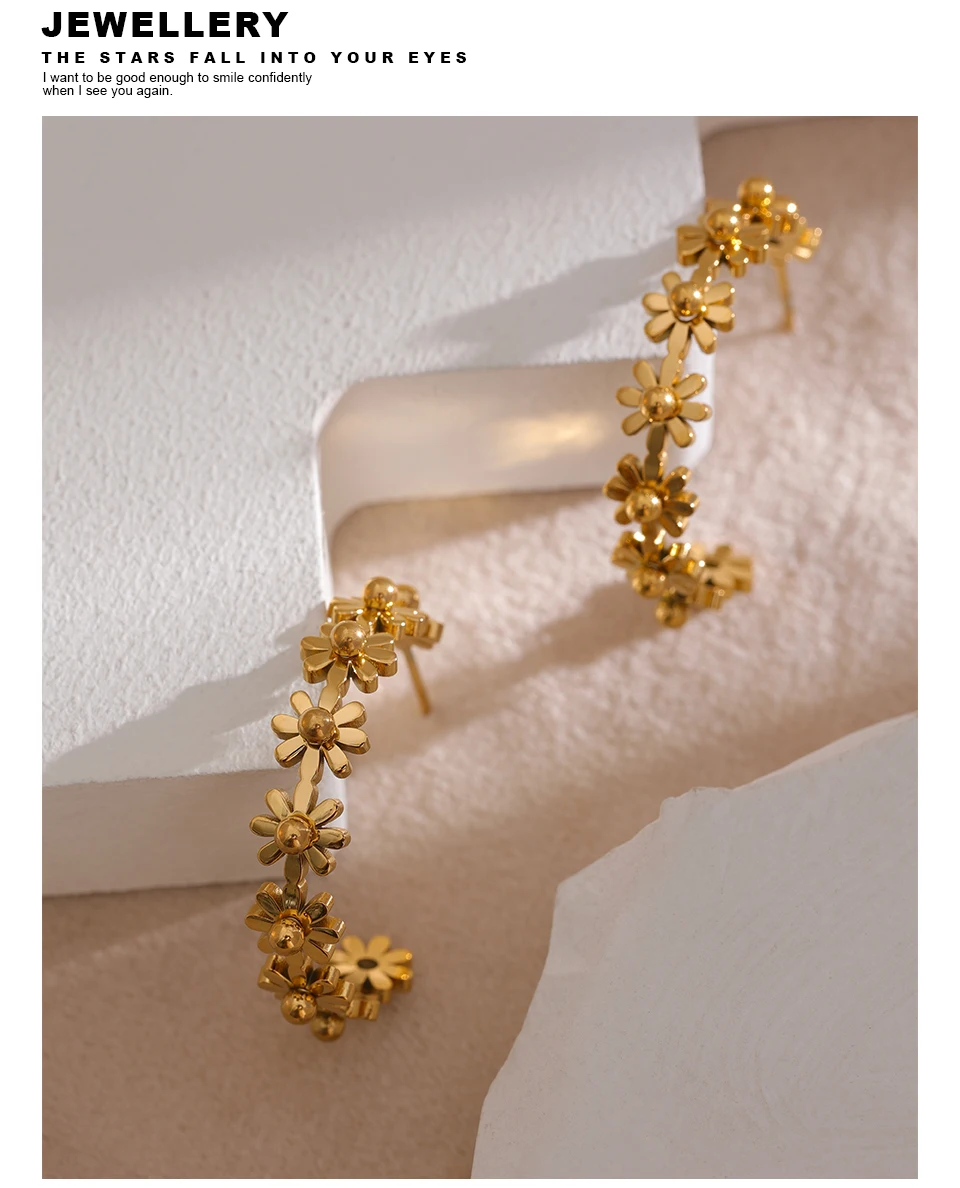 Yhpup Stainless Steel Round Flower Hoop Earrings Fashion Golden Metal Trendy Brand Texture Jewelry Party Gift Waterproof Women