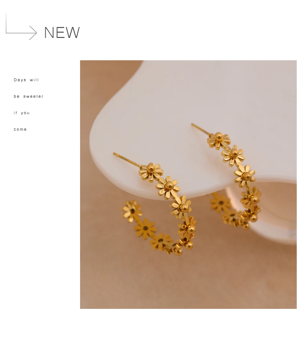 Yhpup Stainless Steel Round Flower Hoop Earrings Fashion Golden Metal Trendy Brand Texture Jewelry Party Gift Waterproof Women