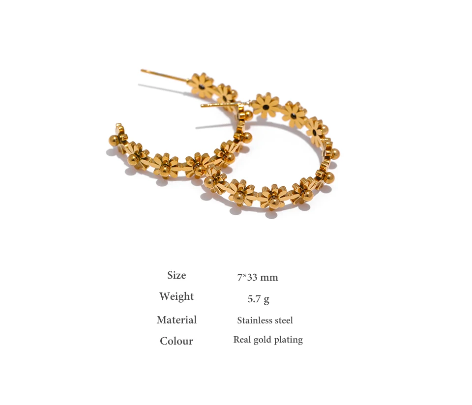 Yhpup Stainless Steel Round Flower Hoop Earrings Fashion Golden Metal Trendy Brand Texture Jewelry Party Gift Waterproof Women