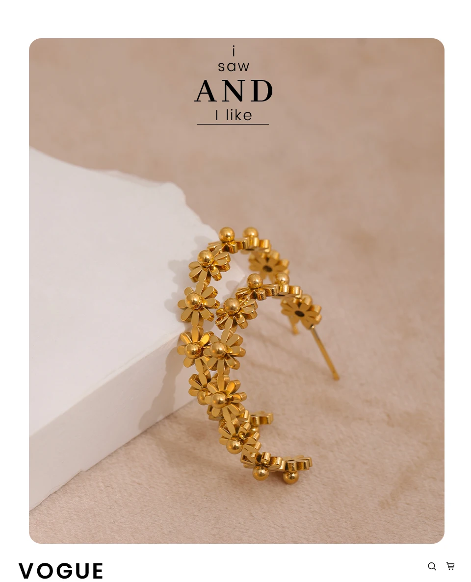 Yhpup Stainless Steel Round Flower Hoop Earrings Fashion Golden Metal Trendy Brand Texture Jewelry Party Gift Waterproof Women