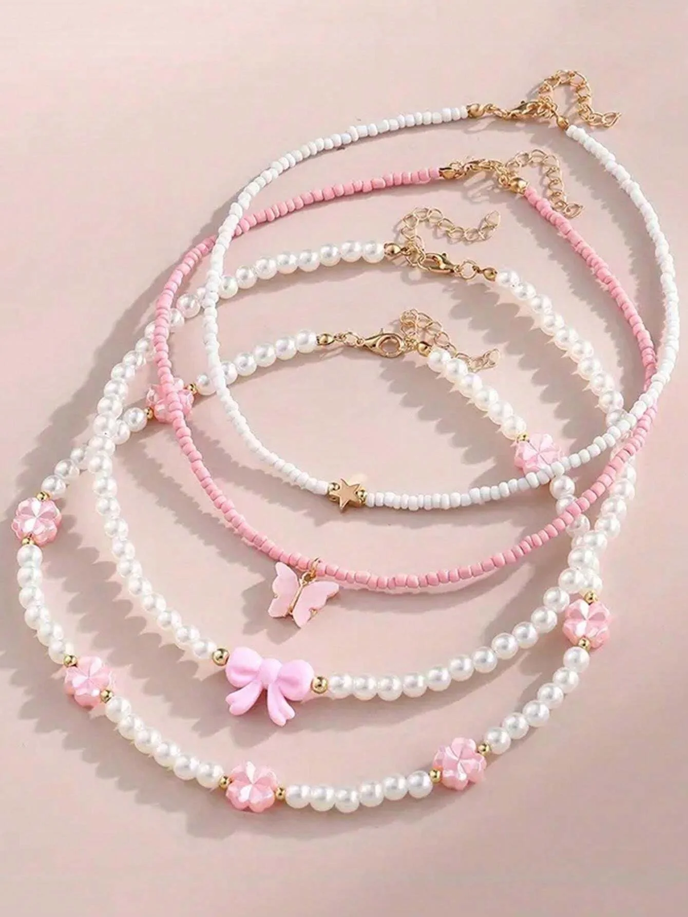 4pcs/Set Girls' Butterfly Heart Flower Pearl & Beaded Handmade Necklace Set Children Teen Friendship Best Gift For Friends