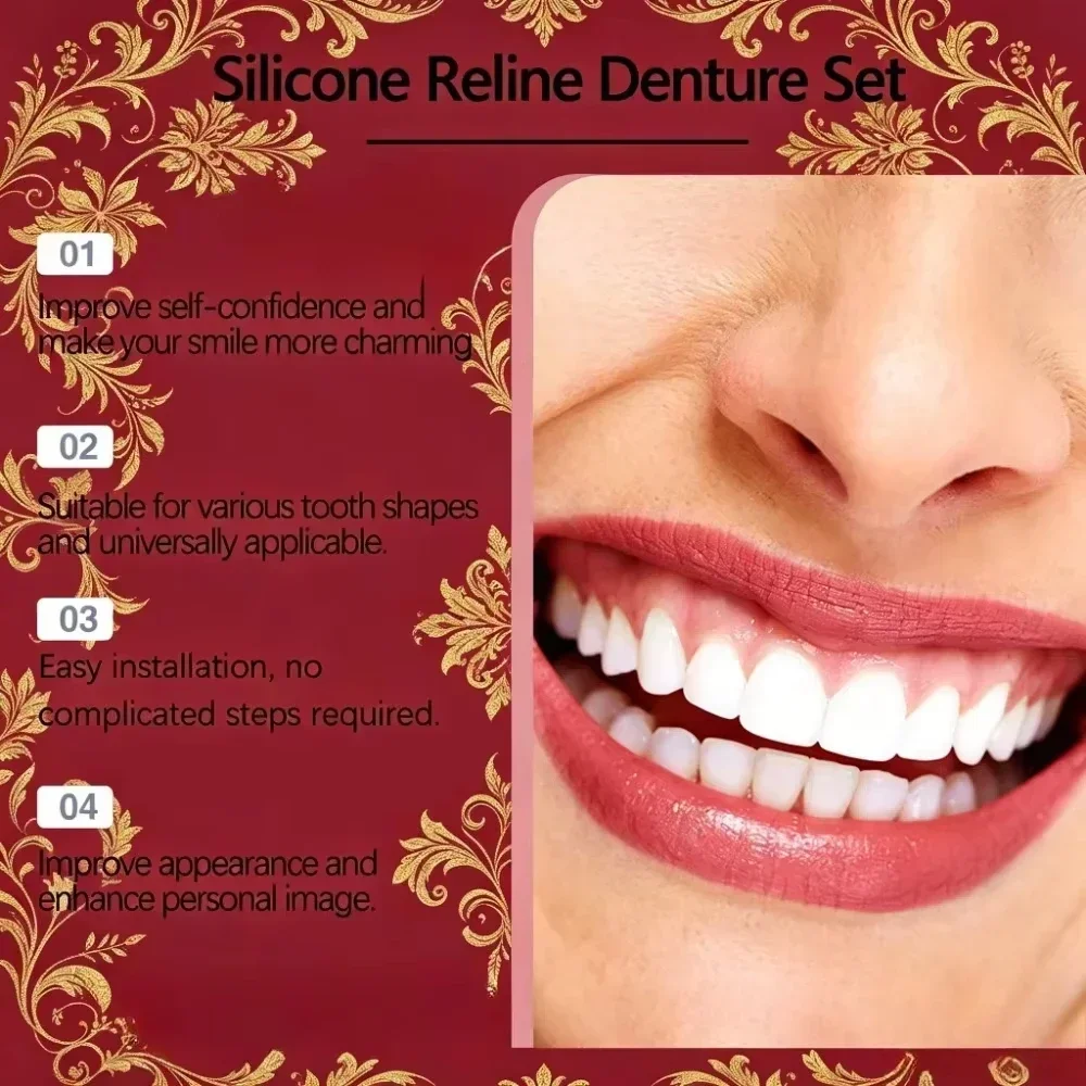 Premium Full‑Mouth Silicone Comfort Dentures for Adults, Soft Reline False Teeth Set with Storage Box Toothbrush Removal Hook