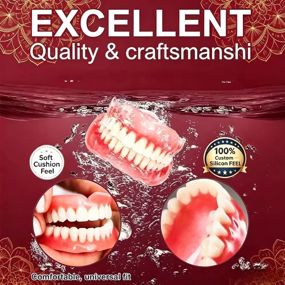 Premium Full‑Mouth Silicone Comfort Dentures for Adults, Soft Reline False Teeth Set with Storage Box Toothbrush Removal Hook