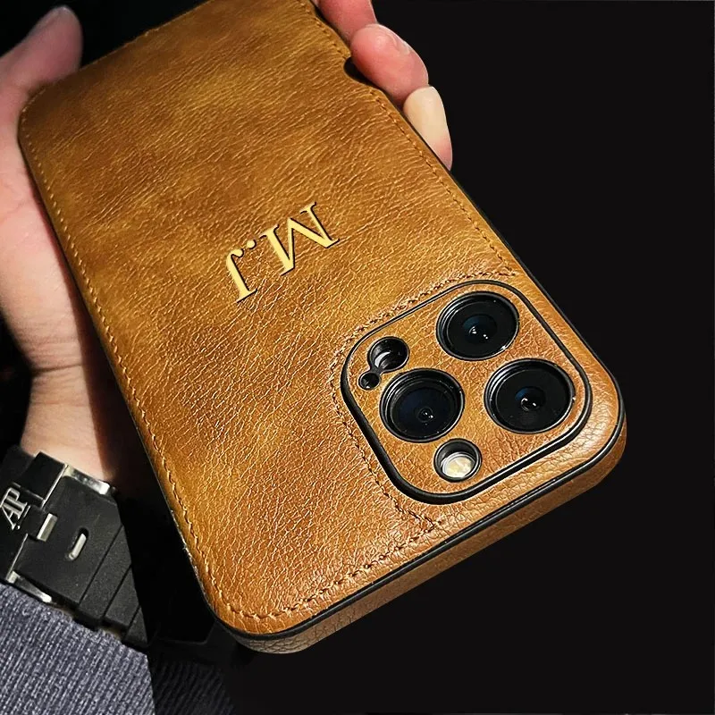 Personalized Custom Name Phone Case For iPhone 15 14 13 12 11 Pro Max 15 14 Plus Luxury Cowhide Leather Protection Back Cover