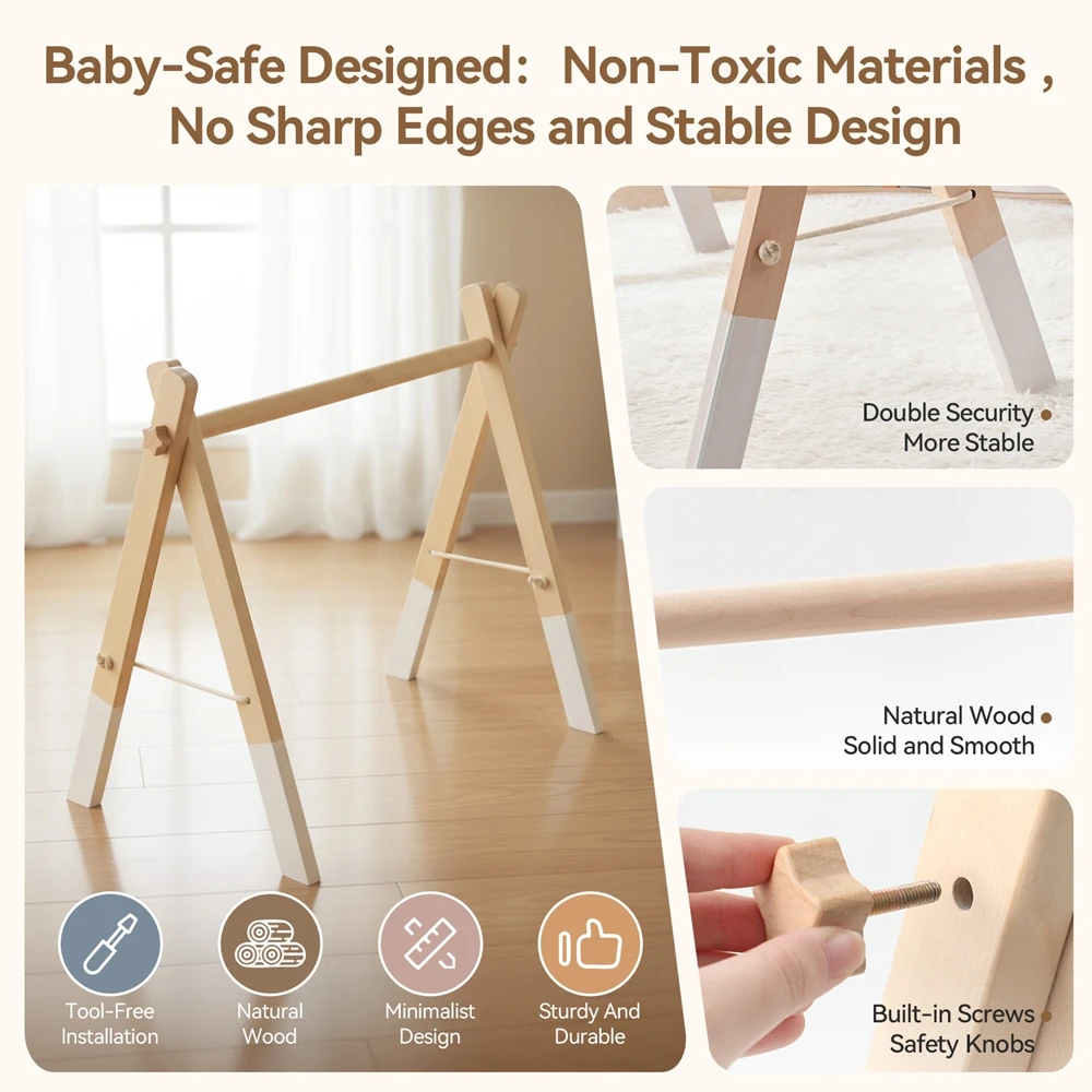Wooden Rattle Toys Play Gym Mobile Hanging Sensory Toys Foldable Play Gym Frame Activity Gym 0 - 12 Months Baby Activity Area