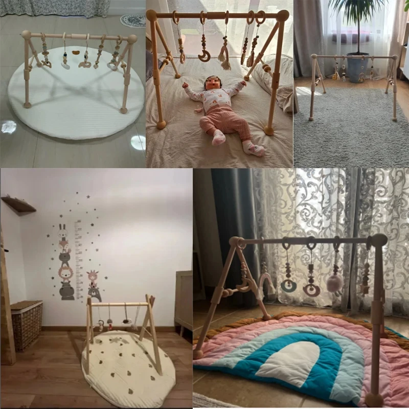 Wooden Rattle Toys Play Gym Mobile Hanging Sensory Toys Foldable Play Gym Frame Activity Gym 0 - 12 Months Baby Activity Area