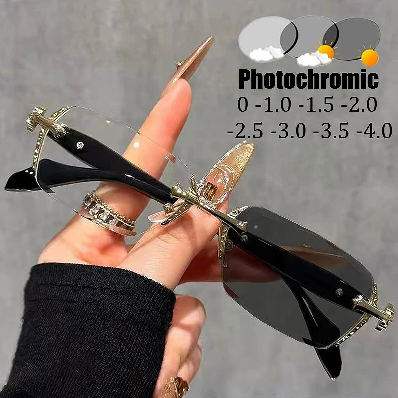 Cut Edge High-end Framless Photochromic Myopia Glasses Silver Gold Blue Light Blocking Eyewear Anti-UV Sunglasses Diopters -4.0