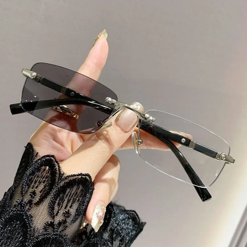 Square Rimless Photochromic Myopia Glasses Men Women Business Anti-UV Nearsighted Eyewear Retro Eyeglasses 0-1.0-4.0