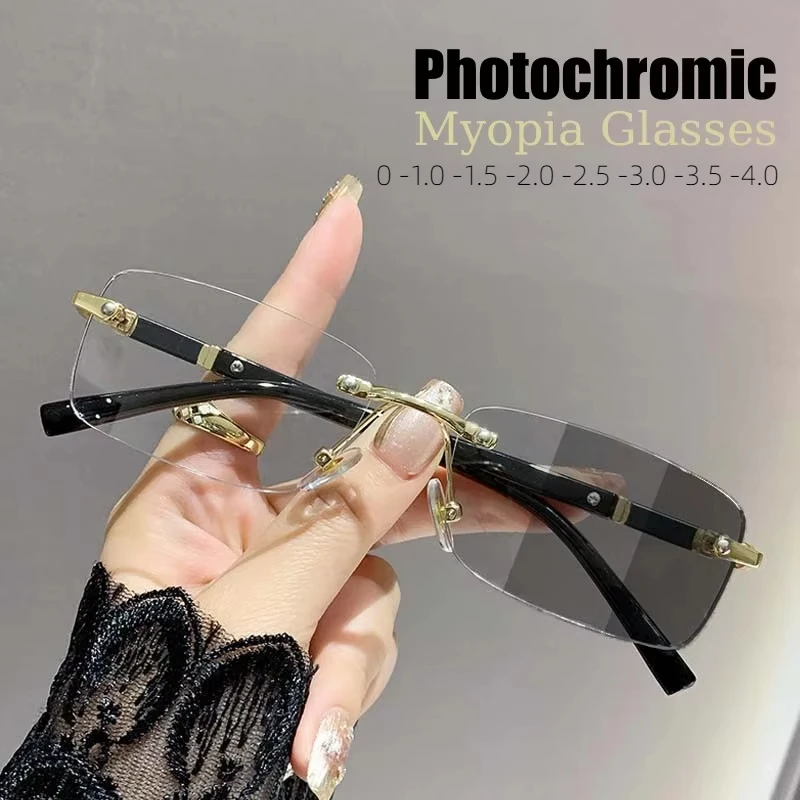 Square Rimless Photochromic Myopia Glasses Men Women Business Anti-UV Nearsighted Eyewear Retro Eyeglasses 0-1.0-4.0