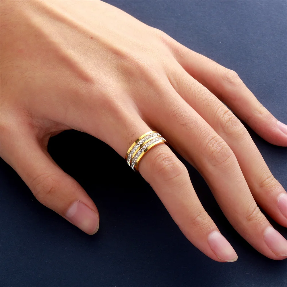 Women's Men's Ring 4mm/8mm Gold Silver Color Stainless Steel Iced Out Full Crystal Zirconia Wedding Rings For Man Woman Jewelry