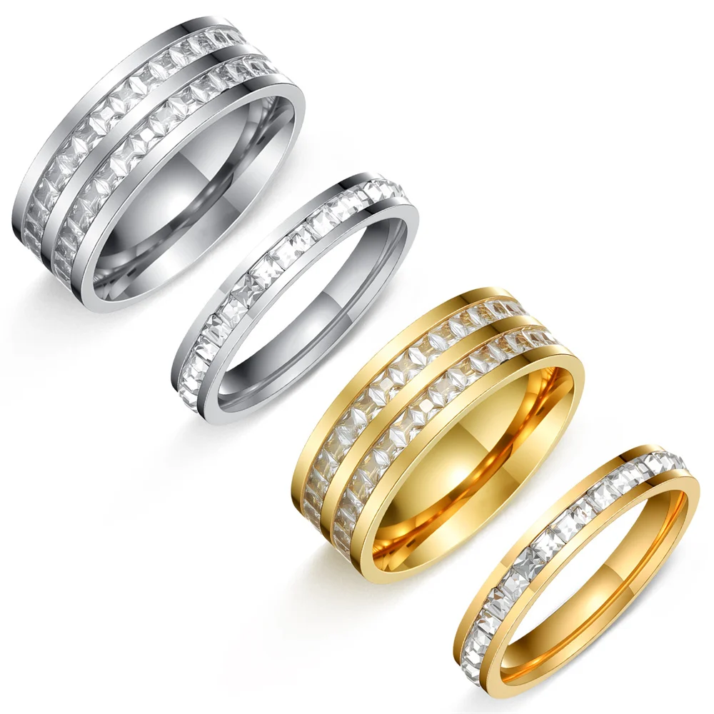 Women's Men's Ring 4mm/8mm Gold Silver Color Stainless Steel Iced Out Full Crystal Zirconia Wedding Rings For Man Woman Jewelry