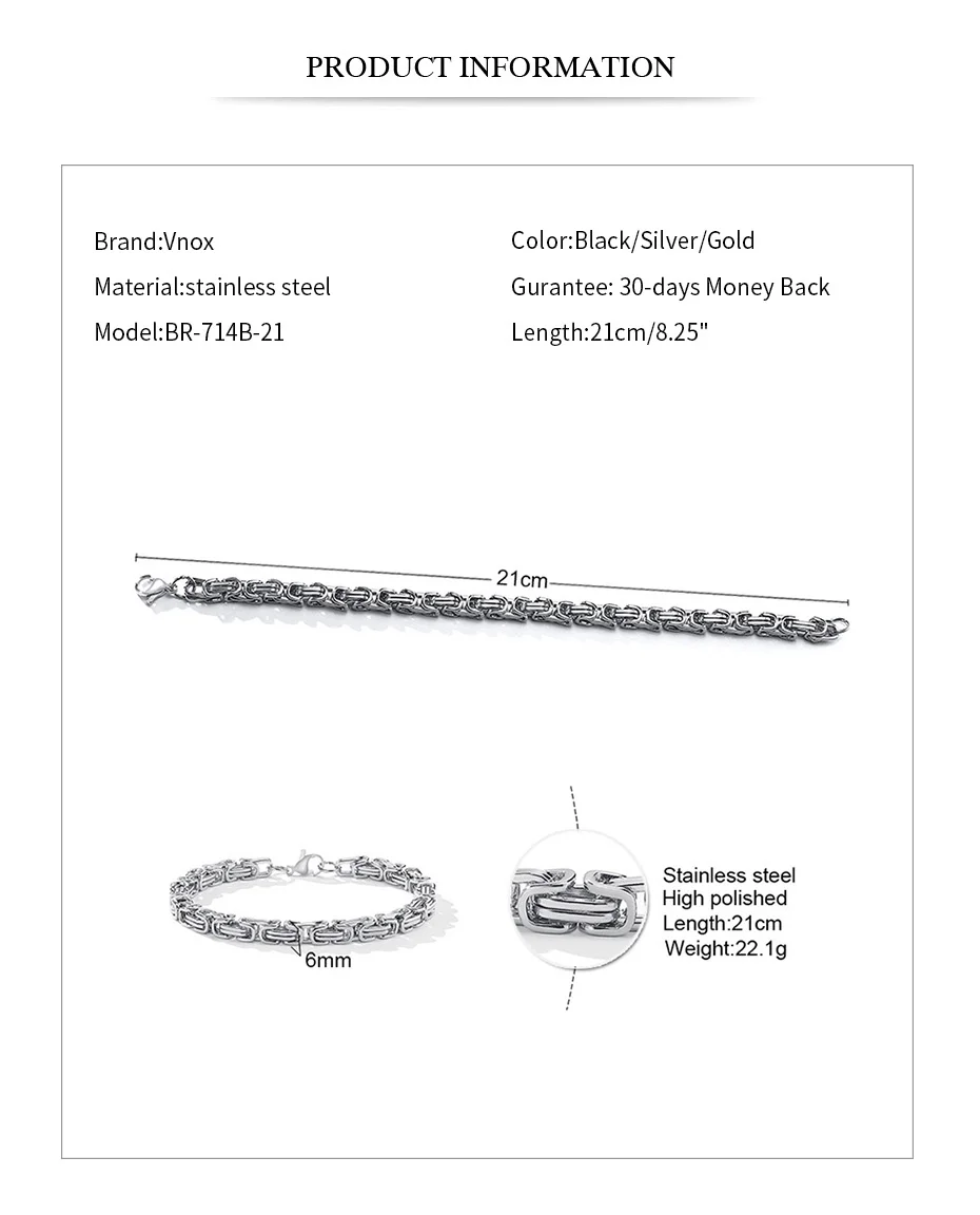 Vnox Stylish Byzantine Chain Bracelet for Men Women Boys, Waterproof Stainless Steel Link Wristband, 4/5/6/6.5/8mm Wide