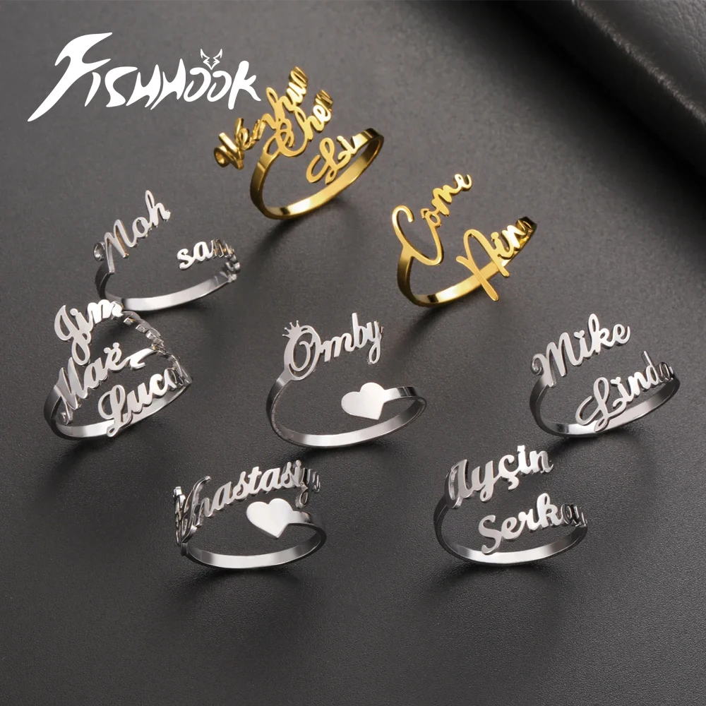 Custom Double First Name Finger Ring For Women Men Personalized Couple Wedding Gift Gold Color Stainless Steel Open Ring Jewelry