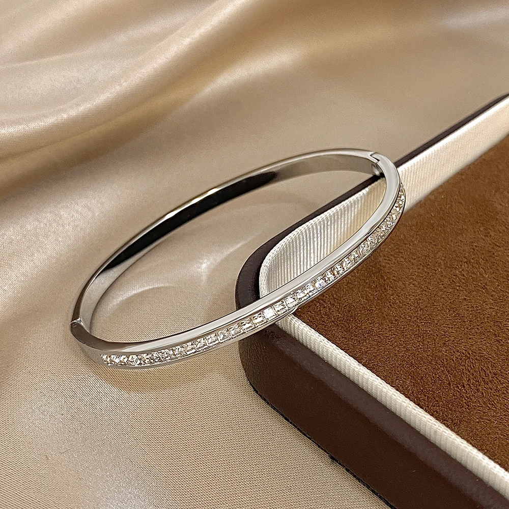 Glossy Rhinestone Stainless Steel Bangles Bracelets for Women Fashion Gold Silver Color Stacked Cuff Bracelet Jewelry Gifts