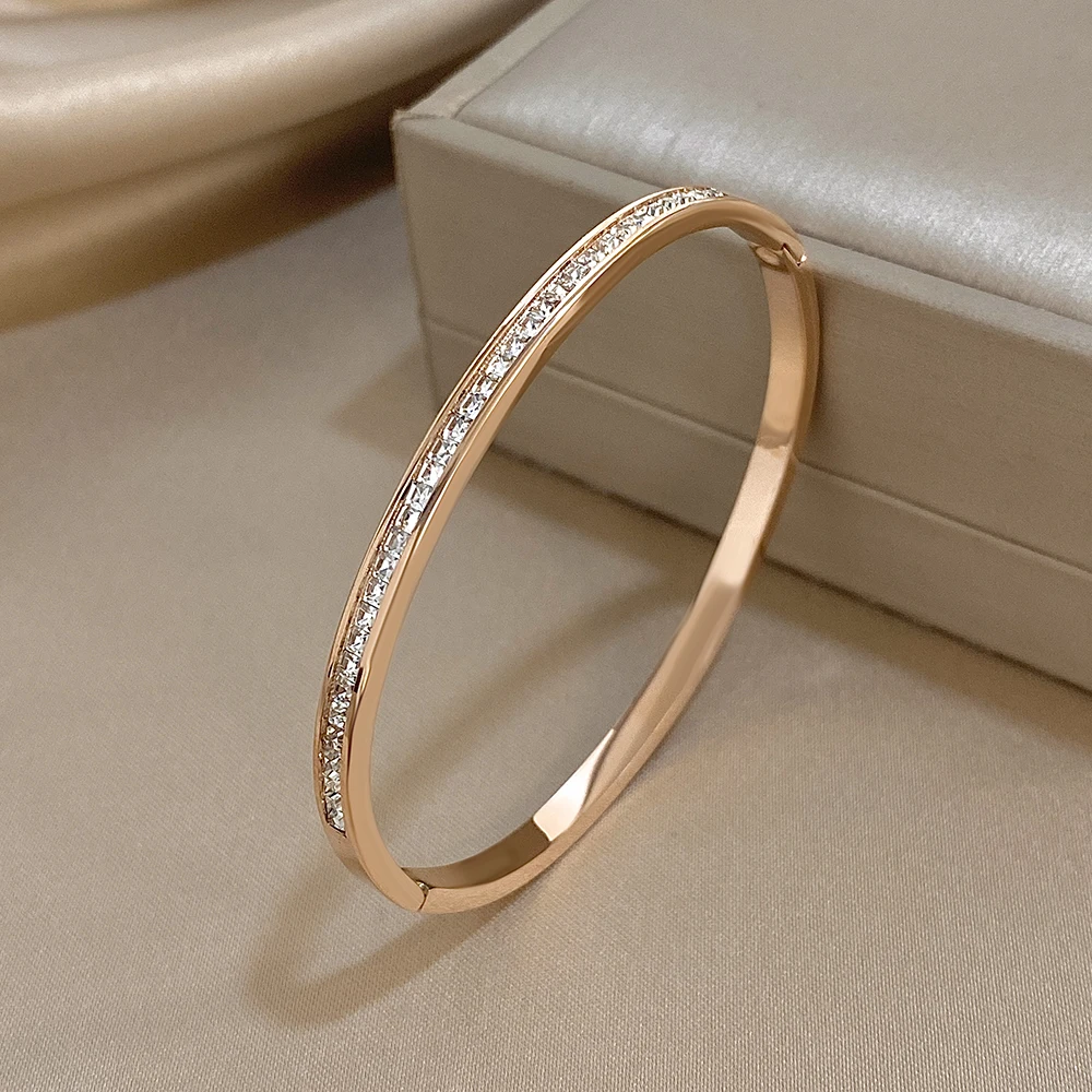 Glossy Rhinestone Stainless Steel Bangles Bracelets for Women Fashion Gold Silver Color Stacked Cuff Bracelet Jewelry Gifts