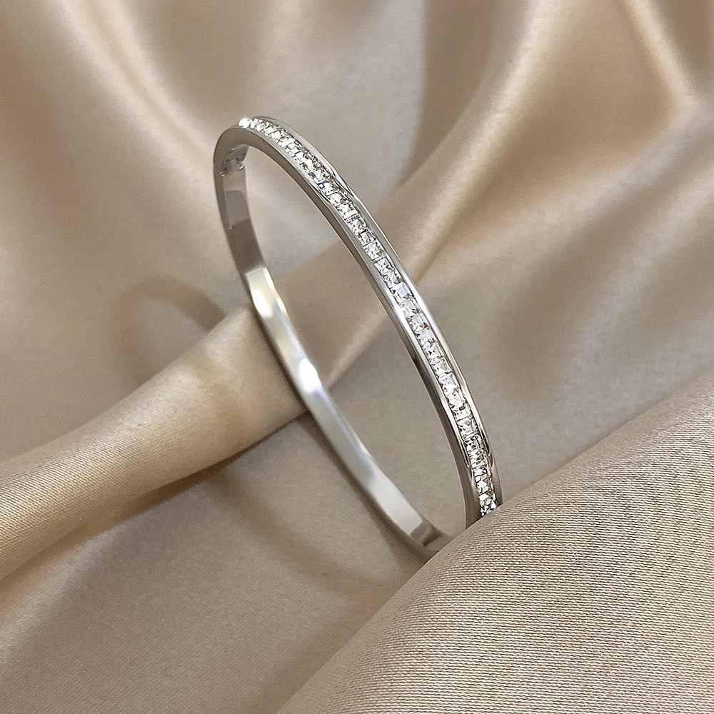 Glossy Rhinestone Stainless Steel Bangles Bracelets for Women Fashion Gold Silver Color Stacked Cuff Bracelet Jewelry Gifts