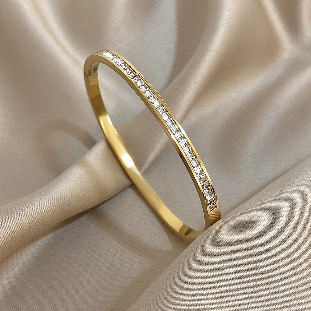 Glossy Rhinestone Stainless Steel Bangles Bracelets for Women Fashion Gold Silver Color Stacked Cuff Bracelet Jewelry Gifts