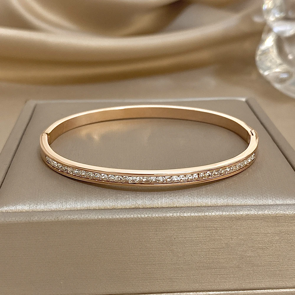 Glossy Rhinestone Stainless Steel Bangles Bracelets for Women Fashion Gold Silver Color Stacked Cuff Bracelet Jewelry Gifts