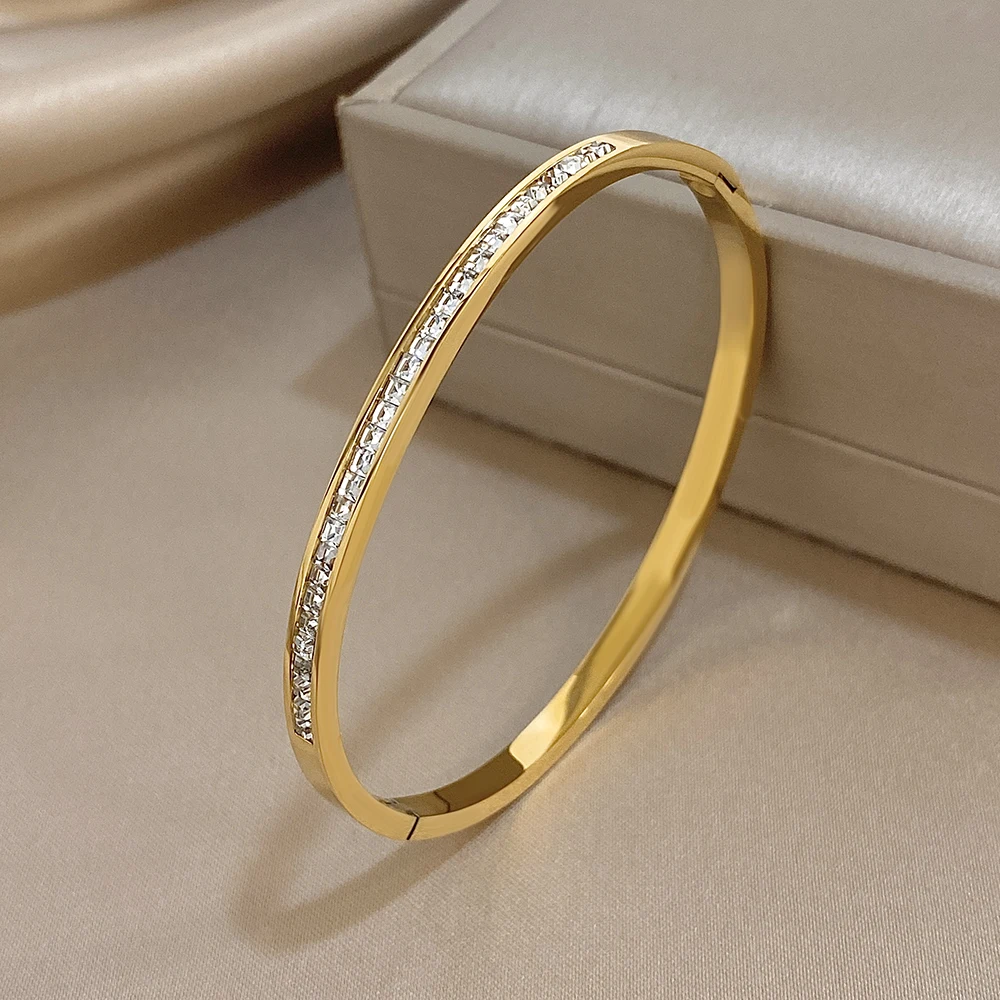 Glossy Rhinestone Stainless Steel Bangles Bracelets for Women Fashion Gold Silver Color Stacked Cuff Bracelet Jewelry Gifts