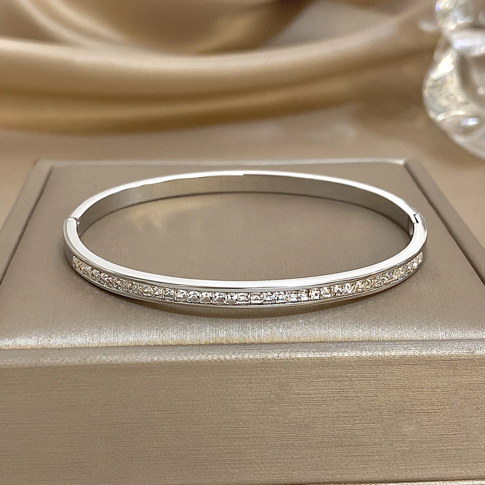 Glossy Rhinestone Stainless Steel Bangles Bracelets for Women Fashion Gold Silver Color Stacked Cuff Bracelet Jewelry Gifts