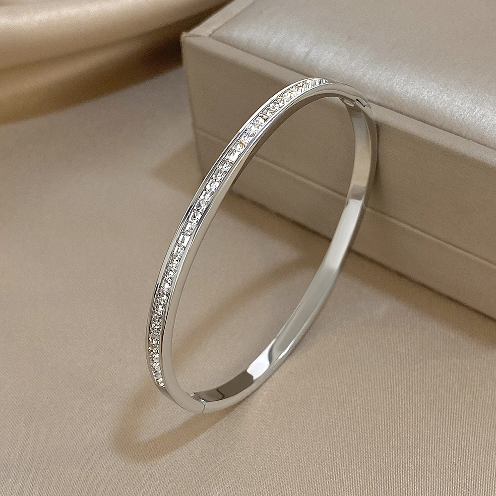 Glossy Rhinestone Stainless Steel Bangles Bracelets for Women Fashion Gold Silver Color Stacked Cuff Bracelet Jewelry Gifts