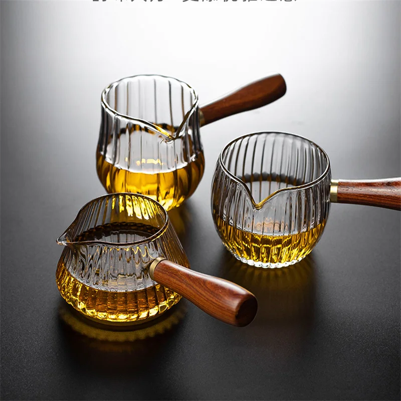 Japanese Side Wooden Handle High Borosilicate Stripe Glass Tea Dispenser Fair Cup Chahai Kung Fu Tea Ceremony Tea Set